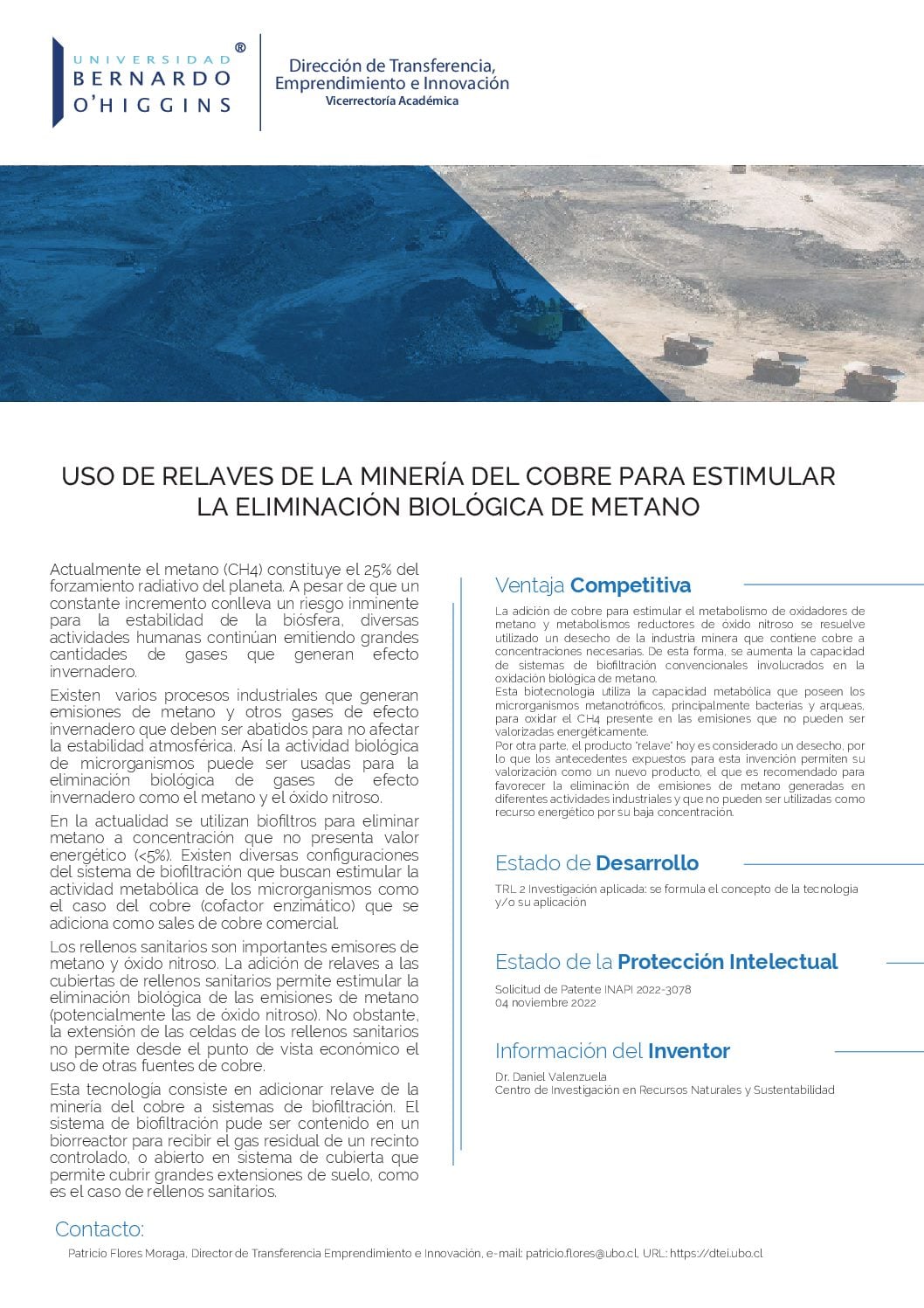 Ficha técnica: Uso de relaves de la minería del cobre para estimular la eliminación biológica de Metano